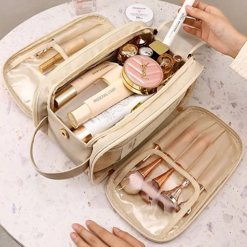 Multifunctional Makeup Bag For Women PU Leather Large Capacity Portable Double Zipper Travel Makeup Brush Toiletries Storage Bag