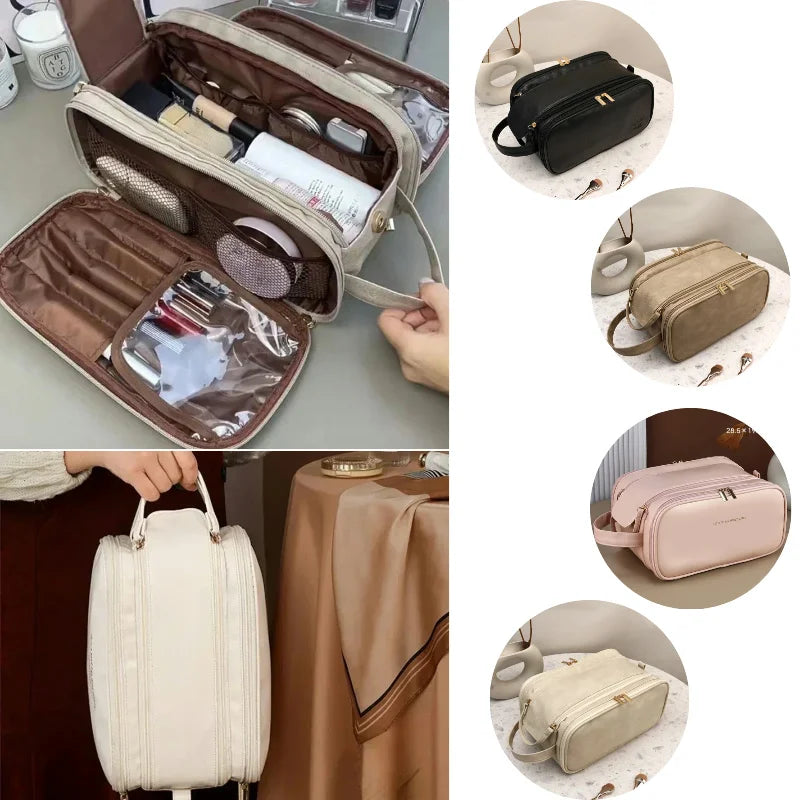 Multifunctional Makeup Bag For Women PU Leather Large Capacity Portable Double Zipper Travel Makeup Brush Toiletries Storage Bag